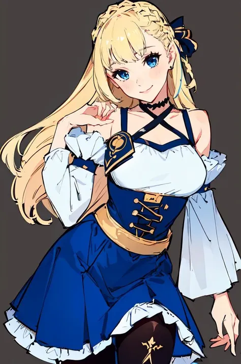 ultra detailed, masterpiece, best quality,
solo, cowboy shot, facing viewer, soft smile, light smile, arched back, head tilt, 
1girl, blue eyes, very long hair, blonde hair, long blonde hair, french braid, bangs, medium breasts,
hair ribbon, frilled choker, criss-cross halter, sleeveless dress, high-waist skirt, backless dress, waist bow, detached sleeves, frilled sleeves, wide sleeves, pantyhose, patterned legwear, mary janes,  <lora:Kenshin187-Style_V1:0.85>
