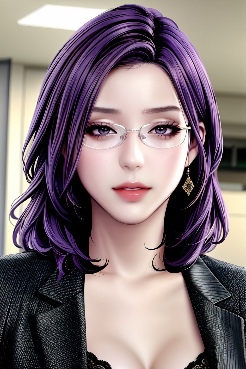 A woman with purple hair and glasses is posing for a picture - SeaArt AI