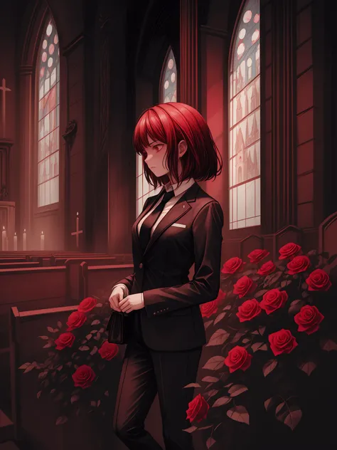 1 female. necktie, suit. She has a red rose in her hand. church. side view.
monochrome. rough. oil painting. ultra detailed. light and shadow. sad face. <lora:hyperdetailer_v095:1>