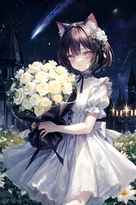 1 KAWAII cat girl. white gothic dress, flower garden, starry sky, Light reflects on the skin. bouquet.
black hair hair, Short hair, Sapphire eye, ruby skin.
Exact Physics. Perfect anatomy, best quality. ultra detailed.
<lora:add_detail:1>