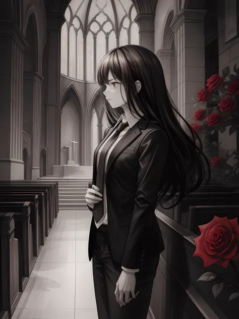 1 female. necktie, suit. She has a red rose in her hand. church. side view.
monochrome. rough. oil painting. ultra detailed. light and shadow. sad face. <lora:hyperdetailer_v095:1>