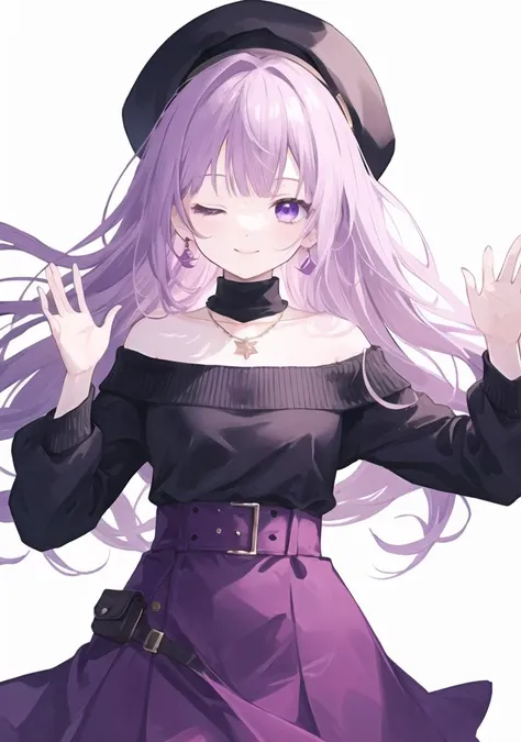 (white background:1.2),
solo, shiny eyes, shiny skin, shiny hair, 1girl, solo, dynamic pose,
cowboy shot, cute face,
(light) purple hair, purple eyes, long hair, seductive smile, one eye closed,
off-shoulder (sweater), necklace, beret,