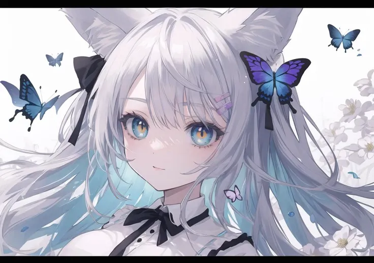 A:fox ears,(fox girl),lavender purple butterfly hair ornament,Aquamarine eyes,beast pupils,long hair,yellow ringed pupils,(nsfw:0.8),tattoo,(large breasts:1.1),(fox ears:1.2),( fox tails:1)
B: best quality, masterpiece, best quality, simple, monochromatic, Chibi, white cat(animal), round, bun, cat Slime, cat ears,・ω・
breasts,
C: Ambilight, masterpiece, ultra-high quality,( ultra detailed original illustration),
(( harajuku fashion))
,(( flowers with human eyes, flower eyes)),
collared shirt, Lolita,lining, double exposure, fussion of fluid abstract art, glitch,( 2d),( original illustration composition),( fusion of limited color, maximalism artstyle, geometric artstyle, butterflies, junk art) BREAK,