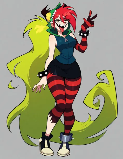 (source_cartoon), score_8, score_7_up, score_6_up, score_5_up, 1girl, flat background, simple background, full body, demencia, open mouth, tongue out, looking at viewer, smug, smirk, sharp teeth, red hair, green ponytail, yellow eyes, wide hips, narrow waist, striped pantyhose with one pantyhose leg torn, anklet, dark blue hoodie, perky breasts, sleeveless, green monster hood, black skirt, single striped sleeve, one glove <lora:DemenciaSDXL-000005:0.80> <lora:Smooth Anime 2 Style SDXL_LoRA_Pony Diffusion V6 XL:1>