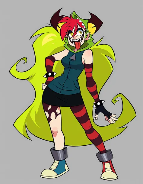source_cartoon, score_8, score_7_up, score_6_up, score_5_up, 1girl, solo, demencia, standing, red hair, green ponytail, striped thighhighs, single striped sock, anklet, green monster hood, yellow eyes, sharp teeth, dark blue hoodie, single striped sleeve, red sneaker, blue sneaker, black skirt, smile, eyeshadow, spiked bracelet, zipper pull tab, torn pantyhose, glove, tongue out, flat background <lora:DemenciaSDXL:1>   <lora:Smooth Anime 2 Style SDXL_LoRA_Pony Diffusion V6 XL:1>
