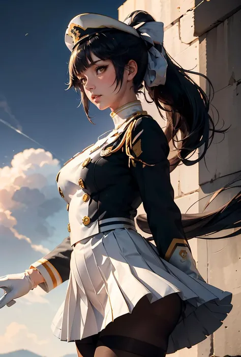 (masterpiece, best quality), 1girl,   < <lora:takao_SD1.5_v1.0:0.8> takao_\(azur_lane\),ponytail, black_hair,long hair, military_uniform,white_gloves, white_skirt, pantyhose,