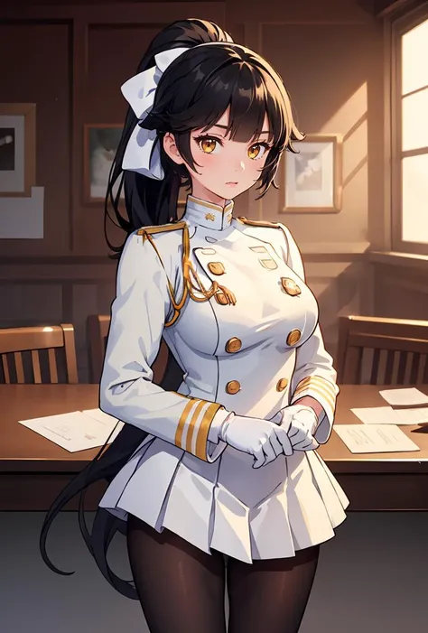 (masterpiece, best quality), 1girl, <lora:takao_SD1.5_v1.0:0.8> takao_\(azur_lane\),ponytail, black_hair,long hair, military_uniform,white_gloves, white_skirt, pantyhose,
