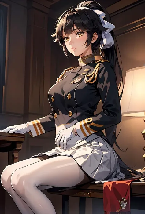 military uniform, absurdres, RAW photo, extremely delicate and beautiful, masterpiece, Best Quality, ultra high resolution, 32k, hyperrealistic, ultra-detailed, detailed description, pale skin, 20 years old, tearful mole, earring, Colossal tits, short medium hair, wavy hair, pleated skirt,