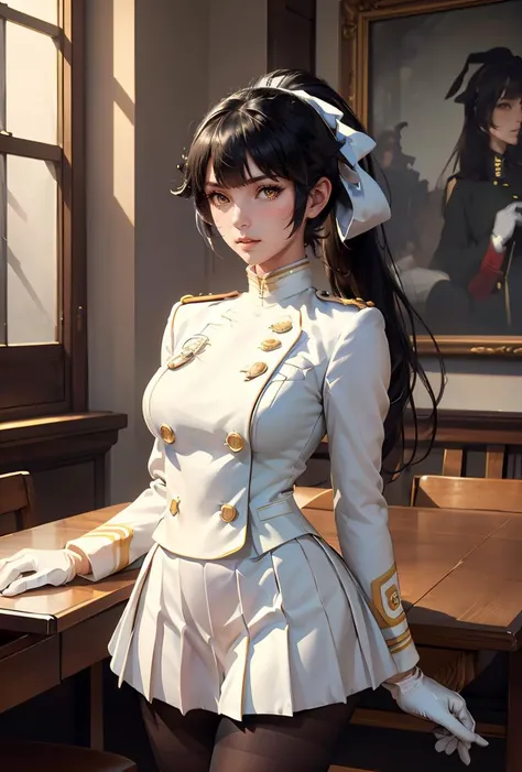 (highest resolution, distinct_image) the best quality, woman, masterpiece, high detail, realism, black hair, bangs, straight long hair, mature, white clothes, white uniform, white gloves, military school beauty, wearing white military cap, heroic posture, saber at waist, interior background, exquisite facial features, super high resolution, cinematic texture, complete five fingers, light and shadow effects, half body