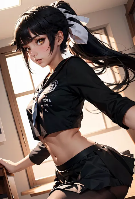 (masterpiece, best quality), 1girl, <lora:takao_SD1.5_v1.0:0.8> takao_\(azur_lane\),ponytail, black_hair,,long hair,black serafuku,black skirt, midriff,pantyhose,