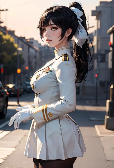 (masterpiece, best quality), 1girl, <lora:takao_SD1.5_v1.0:0.8> takao_\(azur_lane\),ponytail, black_hair,long hair, military_uniform,white_gloves, white_skirt, pantyhose,