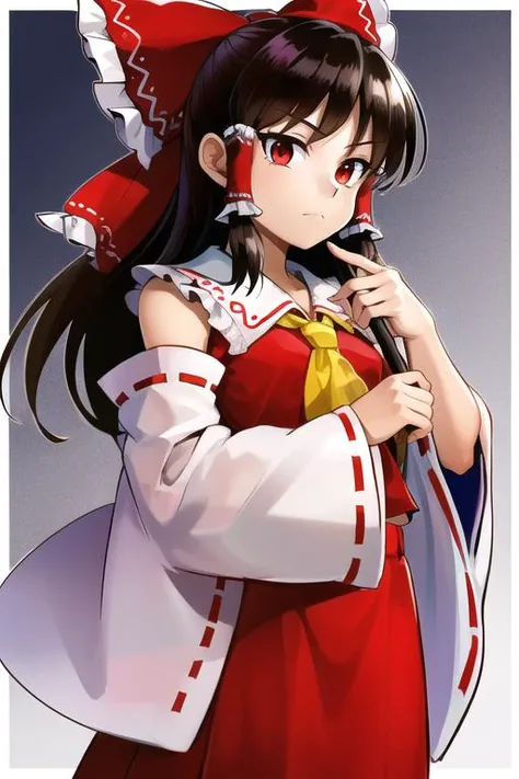 <lyco:OcarinaArtStyle:1.0>, 1girl, cowboy shot, (Hakurei Reimu), Touhou, oot_style