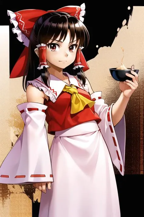 <lyco:OcarinaArtStyle:1.0>, 1girl, cowboy shot, (Hakurei Reimu), Touhou, oot_style