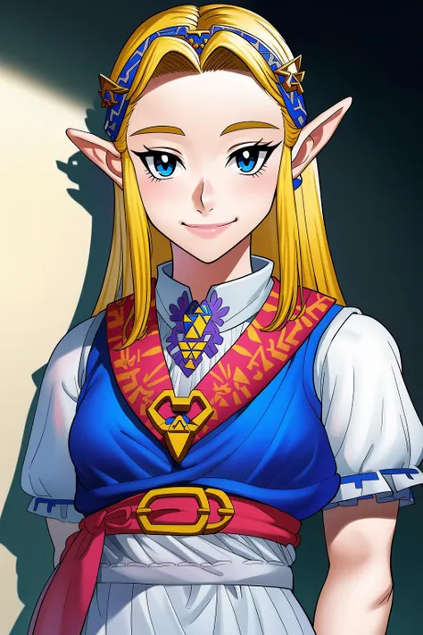 Princess Zelda, <lora:princessZeldaLora_v1:.5>, (extremely detailed CG unity 8k wallpaper), (masterpiece), (best quality), (ultra-detailed), (best illustration), (best shadow), (an extremely delicate and beautiful), HDR, fine detail, classic, anime, manga, traditional art, the legend of zelda, breath of the wild, 1girl, blue eyes, blonde hair, long hair, hair clips, mature, tsundere, smile, looking at viewer, medium breasts, oot_style, <lyco:OcarinaArtStyle:1>