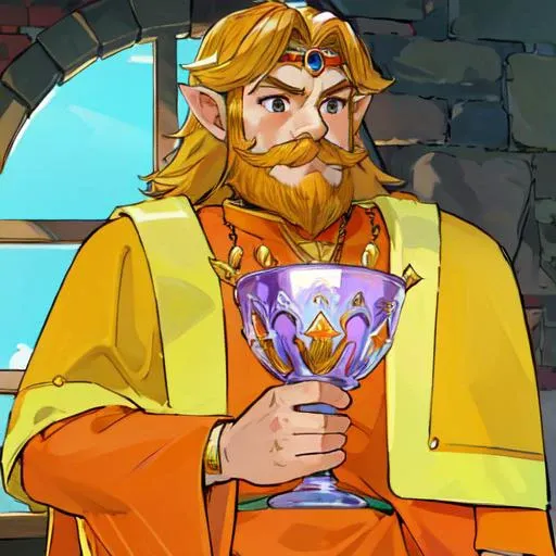 (masterpiece), (absurdres), solo, king, royal orange robes, jewelled chalice, blonde hair, full beard, mustache, golden triangle circlet, castle window  <lora:OcarinaArtStyle:0.8> oot_style