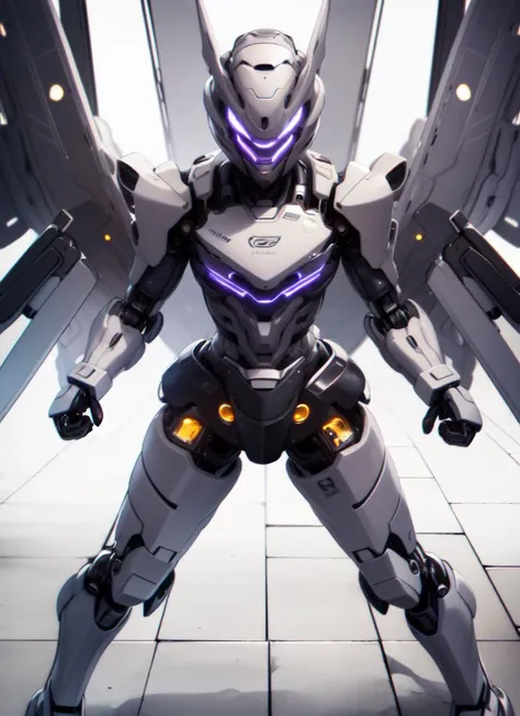 ((best quality)), ((highly detailed)), masterpiece, detailed face, beautiful face, , (1girl), (solo), dynamic pose, full body, <lora:hairdetailer:.9>, ((android)), robot body, (metallic hair:1.3), (purple eyes), colored sclerae, mechanization, (iridium skin), (metal skin:1.33), colored skin, (motorcycle helmet, covered face, mask, <lora:NOFACE V3.0:.8>, noface, ((no mouth)), lights, LEDs, wires, cables, shiny skin, robot limbs, ball-joints, (abs), armor, <lora:lottalewdsMechanical_v1:1>, (mechanical_wings:1.2), spikes, (inside, in a gym)