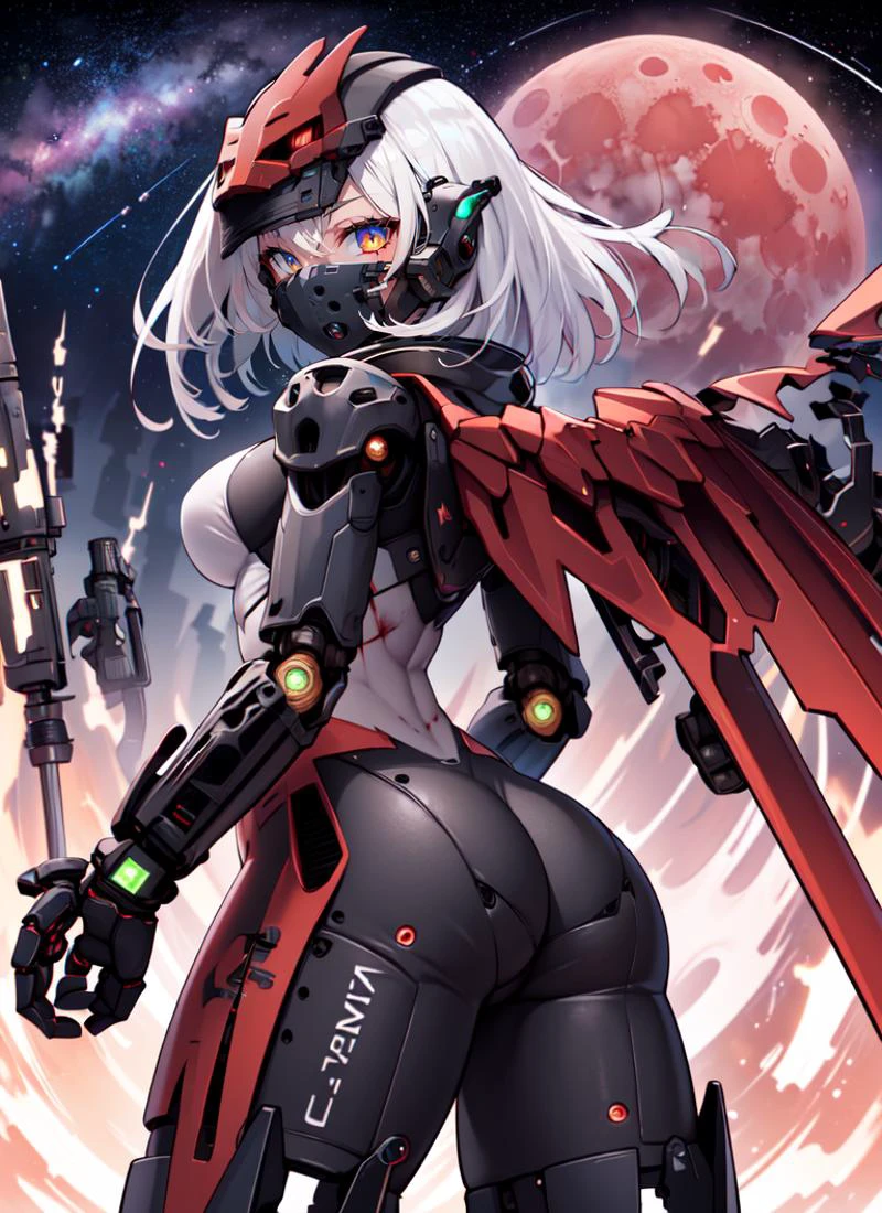 ((best quality)), ((highly detailed)), , (1girl), <lora:UnderButtV4:.9>, UnderButt, looking down, looking at viewer, from behind, upper body, ((android)), robot body, (metallic hair:1.3), (brown eyes), colored sclerae, ((mechanical eyes)), mechanization, (copper(substance) skin), (metal skin:1.33), colored skin, (motorcycle helmet, covered face, mask, (hidden face), ((no mouth)), lights, LEDs, wires, cables, shiny skin, robot limbs, doll-like joints, (abs), medium breasts, armor, <lora:lottalewdsMechanical_v1:1>, (mechanical_wings:1.2), <lora:MechanicalArms:.7>, mechanical arms, (outside, stars, galaxies, space, asteroids, space ship, midnight, night sky, stars, blood moon, shooting star, thunder storm)