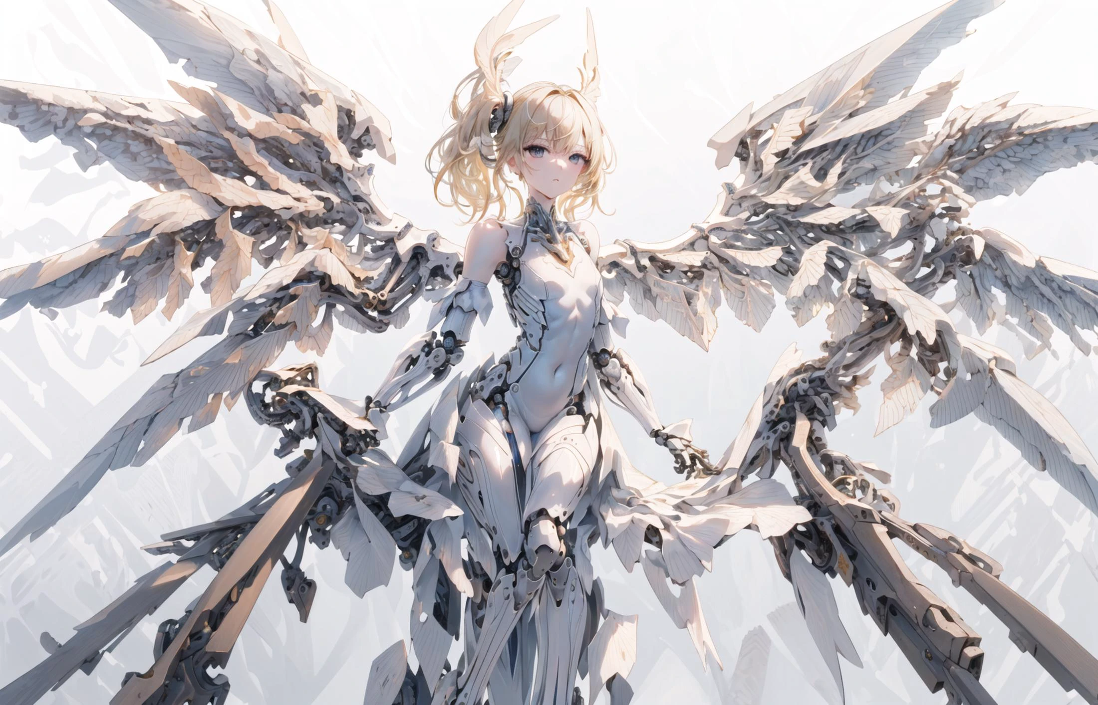 (((masterpiece))), (extremely detailed 8k wallpaper),(((best quality))), ((ultra-detailed)),(best shadow), ((extremely delicate and beautiful face)),(best illustration),
1 girl,solo, (full body:1.1),angel,
flat chest,
bangs,slategray eyes,(blonde hair),(disheveled hair),beautiful detailed eyes,
(4 wings:1.3),
[Metallic luster],long dress,(mechanical arms:1.1),mecha,(replace hands with weapons),
(white background:1.3)
(expressionless),
<lora:lottalewdsMechanical_v1:0.8> <lora:cMechaMusumeC_cV1:0.8>