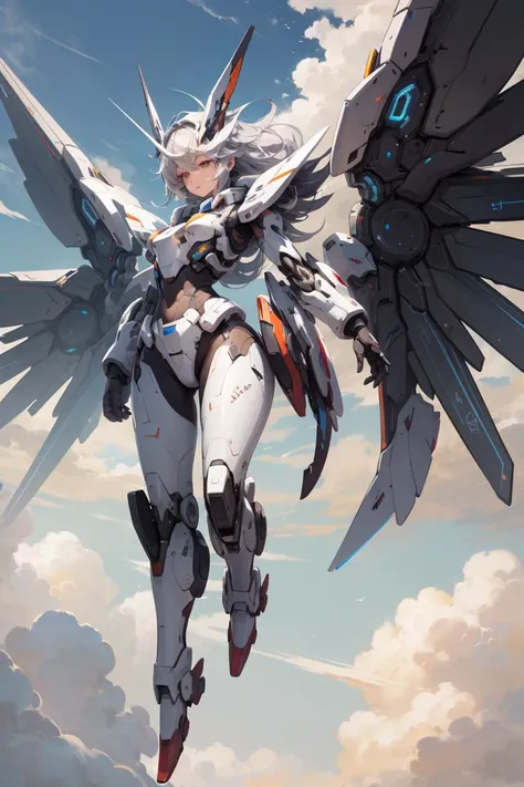 mecha,1girl,full body,<lora:mechanical_wings-000007:1>,mechanical_wings,thrusters,sky,cloudy sky,(masterpiece, best quality, high quality, highres, ultra-detailed),<lora:GoodHands-beta2:1>,