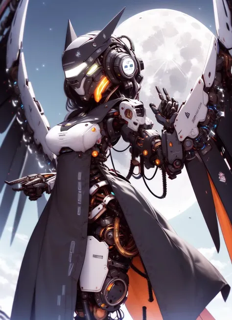 ((best quality)), ((highly detailed)), , (1girl), (solo), dutch_angle, sexy position, <lora:hairdetailer:.7>, ((robot girl)), robot body, (metallic hair:1.3), (black eyes), colored sclerae, ((mechanical ears)), biomechanical, mechanization, (mercury(substance) skin), (metal skin:1.33), colored skin, (motorcycle helmet, covered face, mask, <lora:NOFACE V3.0:.7>, noface, (hidden face), ((no mouth)), lights, LEDs, wires, cables, shiny skin, robot limbs, ball-joints, large breasts, <lora:lottalewdsMechanical_v1:1>, (mechanical_wings:1.2), <lora:MechanicalArms:.8>, mechanical arms, (outdoors, in a church, evening, night sky, stars, full moon)