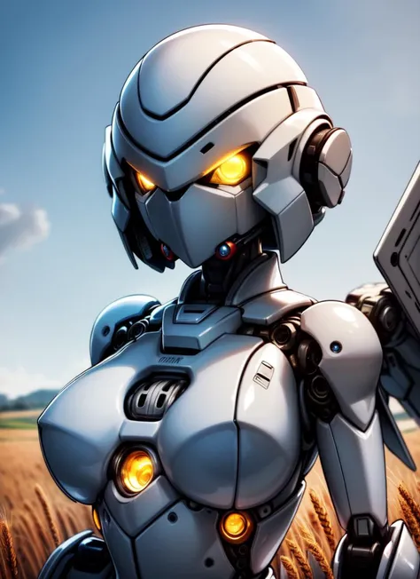 ((best quality)), ((highly detailed)), masterpiece, , <lora:more_details:.6>, (1girl), (solo), multiple views, dynamic pose, upper body, ((robot girl)), robot body, (metal hair:1.3), <lora:solidEyes_v70:.7>, solid eyes, (yellow eyes), colored sclerae, ((glowing eyes)), ((mechanical ears)), biomechanical, mechanization, (quicksilver(material) skin), (metal skin:1.33), colored skin, (combat helmet, covered face, mask, <lora:NOFACE V3.0:.6>, noface, ((no mouth)), lights, LEDs, wires, cables, shiny skin, robot limbs, doll-like joints, large breasts, armor, <lora:lottalewdsMechanical_v1:1>, (mechanical_wings:1.2), (outdoors, at a wheat field, morning)