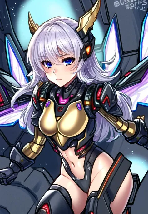 ((best quality)), ((highly detailed)), masterpiece, (detailed eyes, deep eyes), (1girl), upper body, <lora:hairdetailer:.9>, ((cyborg)), cybernetics, robot limbs, (brass_(material)), navel, lights, LEDs, ball-joints, doll-like joints, small breasts,<lora:lottalewdsMechanical_v1:1>, (mechanical_wings:1.2), (thrusters:1.5), <lora:blushyspicy-16:.9>, blushyspicy