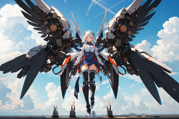 (mechanical_wings:1.4), (thrusters:1.4), <lora:mechanical_wings-000007:0.7>,1girl,solo, full body,(mecha musume:1.1),wings, flying in the sky, floating, blue sky, cloud, pair wings, asymmetrical wings,dynamic pose, spread wings, <lora:GiganticBoosterWingsConcept:0.4>, mechanical wings, (masterpiece, best quality, high quality, highres, ultra-detailed),