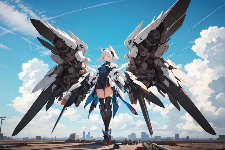 (mechanical_wings:1.4), (thrusters:1.4), <lora:mechanical_wings-000007:0.8>,1girl,solo, full body,(mecha musume:1.1),wings, flying in the sky, floating, blue sky, cloud, pair wings, asymmetrical wings,dynamic pose, spread wings, <lora:GiganticBoosterWingsConcept:0.4>, mechanical wings, (masterpiece, best quality, high quality, highres, ultra-detailed),
