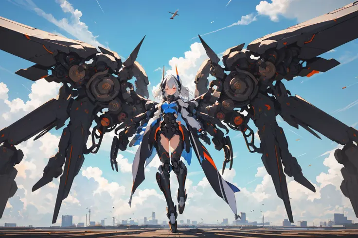 (mechanical_wings:1.4), (thrusters:1.4), <lora:mechanical_wings-000007:1>,1girl,solo, full body,(mecha musume:1.1),wings, flying in the sky, floating, blue sky, cloud, pair wings, asymmetrical wings,dynamic pose, spread wings, <lora:GiganticBoosterWingsConcept:0.5>, mechanical wings, (masterpiece, best quality, high quality, highres, ultra-detailed),