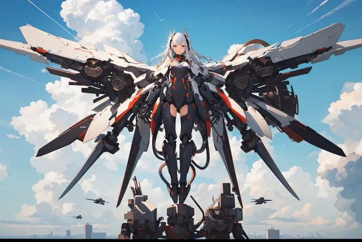 (mechanical_wings:1.4), (thrusters:1.4), <lora:mechanical_wings-000007:0.7>,1girl,solo, full body,(mecha musume:1.1),wings, flying in the sky, floating, blue sky, cloud, pair wings, asymmetrical wings,dynamic pose, spread wings, <lora:GiganticBoosterWingsConcept:0.4>, mechanical wings, (masterpiece, best quality, high quality, highres, ultra-detailed),