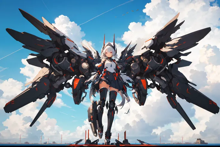 (mechanical_wings:1.4), (thrusters:1.4), <lora:mechanical_wings-000007:1>,1girl,solo, full body,(mecha musume:1.1),wings, (flying in the sky:1.3), floating, blue sky, cloud, pair wings, asymmetrical wings, spread wings, <lora:GiganticBoosterWingsConcept:0.5>, mechanical wings, (masterpiece, best quality, high quality, highres, ultra-detailed),