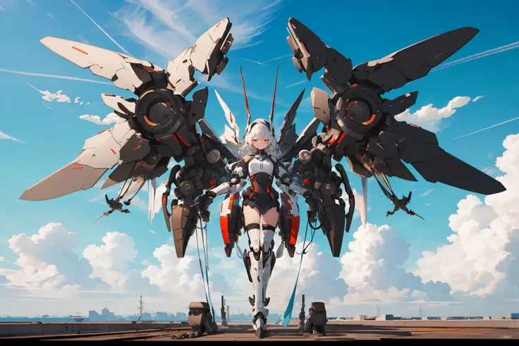 (mechanical_wings:1.4), (thrusters:1.4), <lora:mechanical_wings-000007:1>,1girl,solo, full body,(mecha musume:1.1),wings, (flying in the sky:1.3), floating, blue sky, cloud, pair wings, asymmetrical wings, spread wings, <lora:GiganticBoosterWingsConcept:0.5>,   mechanical wings, (masterpiece, best quality, high quality, highres, ultra-detailed),