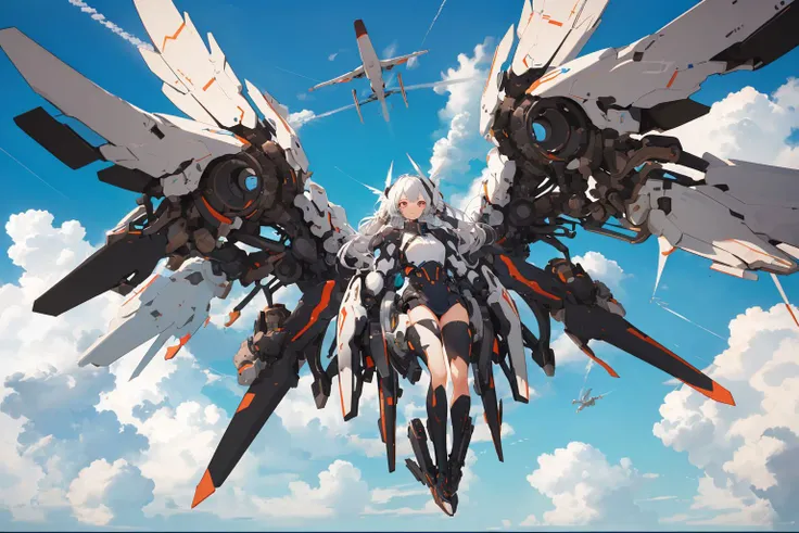 (mechanical_wings:1.4), (thrusters:1.4), <lora:mechanical_wings-000007:1>,1girl,solo, full body,(mecha musume:1.1),wings, (flying in the sky:1.8), (floating:1.3), blue sky, cloud, pair wings, asymmetrical wings, spread wings, <lora:GiganticBoosterWingsConcept:0.5>, mechanical wings,super wide shot, (masterpiece, best quality, high quality, highres, ultra-detailed),
