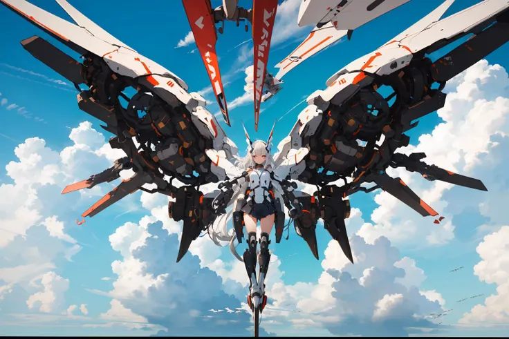 (mechanical_wings:1.4), (thrusters:1.4), <lora:mechanical_wings-000007:1>,1girl,solo, full body,(mecha musume:1.1),wings, (flying in the sky:1.8), floating, blue sky, cloud, pair wings, asymmetrical wings, spread wings, <lora:GiganticBoosterWingsConcept:0.5>, mechanical wings,super wide shot, (masterpiece, best quality, high quality, highres, ultra-detailed),