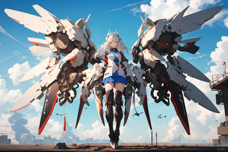 (mechanical_wings:1.4), (thrusters:1.4), <lora:mechanical_wings-000007:1>,1girl,solo, full body,(mecha musume:1.1),wings, flying in the sky, floating, blue sky, cloud, pair wings, asymmetrical wings,dynamic pose, spread wings, <lora:GiganticBoosterWingsConcept:0.5>, mechanical wings, (masterpiece, best quality, high quality, highres, ultra-detailed),