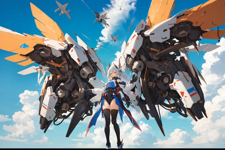 (mechanical_wings:1.4), (thrusters:1.4), <lora:mechanical_wings-000007:1>,1girl,solo, full body,(mecha musume:1.1),wings, (flying in the sky:1.8), (floating:1.3), blue sky, cloud, pair wings, asymmetrical wings, spread wings, <lora:GiganticBoosterWingsConcept:0.5>, mechanical wings,super wide shot, (masterpiece, best quality, high quality, highres, ultra-detailed),
