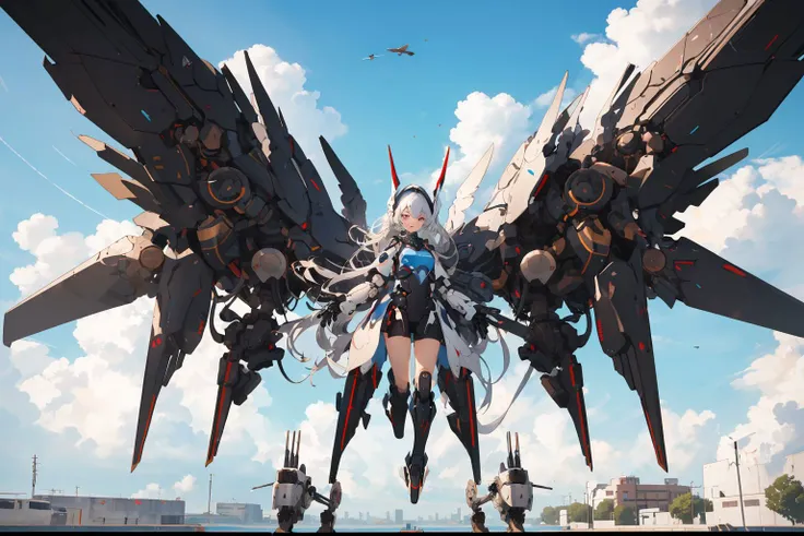 (mechanical_wings:1.4), (thrusters:1.4), <lora:mechanical_wings-000007:1>,1girl,solo, full body,(mecha musume:1.1),wings, (flying in the sky:1.3), floating, blue sky, cloud, pair wings, asymmetrical wings, spread wings, <lora:GiganticBoosterWingsConcept:0.5>, mechanical wings, (masterpiece, best quality, high quality, highres, ultra-detailed),