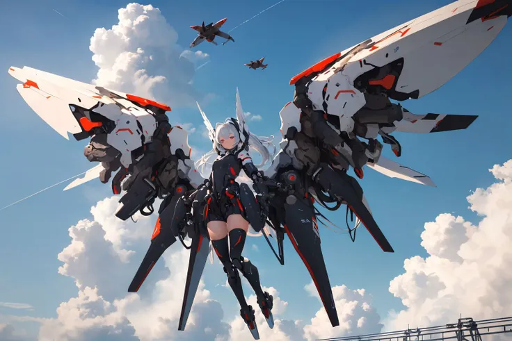 (mechanical_wings:1.4), (thrusters:1.4), <lora:mechanical_wings-000007:1>,1girl,solo, full body,(mecha musume:1.1),wings, (flying in the sky:1.8), (floating:1.3), blue sky, cloud, pair wings, asymmetrical wings, spread wings, <lora:GiganticBoosterWingsConcept:0.5>, mechanical wings,super wide shot, (masterpiece, best quality, high quality, highres, ultra-detailed),