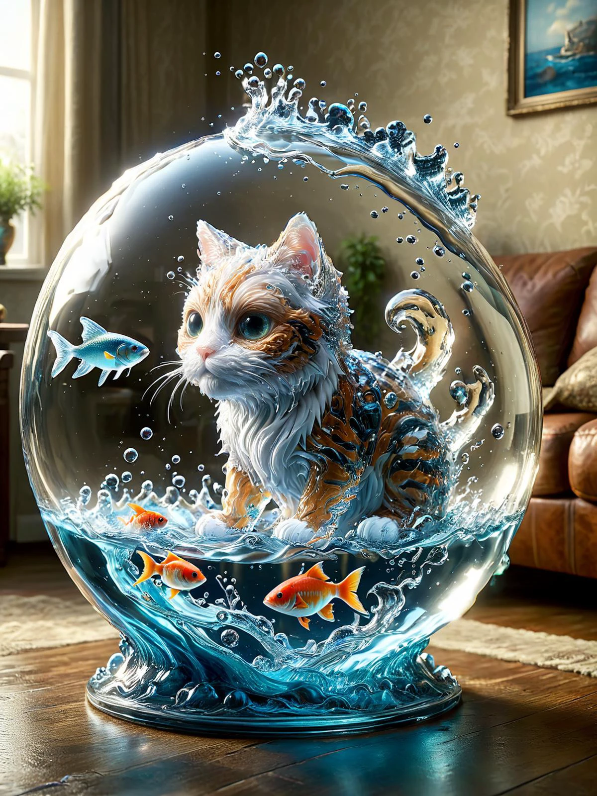 watce, A comical image of a cat, curiously looking at a fishbowl helmet filled with water and fish, set in a cozy living room <lora:watce-sdxl:1>, dynamic, cinematic, masterpiece, intricate, hdr.