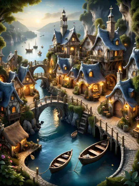 watce, A whimsical scene of a watce fairy village, with tiny habor, tiny fishing boats, a lighthouse, houses, ale house, boat yard bridges, and gardens all intricately detailed in watce textures, smoke from chimneys <lora:watce-sdxl:0.5>, dynamic, cinematic, masterpiece, intricate, hdr. <lora:EnvyBetterHiresFixXL01:0:hr=1>