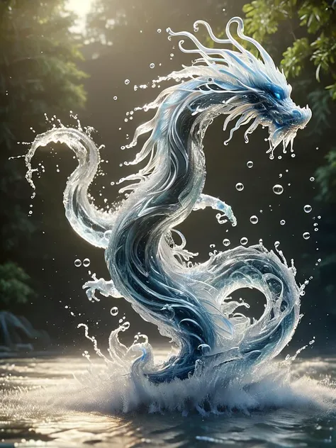 (watercd:1.2, brightness, transparent:1.3) chinese dragon, east dragon, (abstract:1.3), (solo:1.2), flying, water drop, dropping, no humans, high quality, masterpiece, realistic, photorealistic, (outdoors, on the surface of the water, the water splashed in all directions, full  body, close-up), <lora:watce-sdxl:1> watce