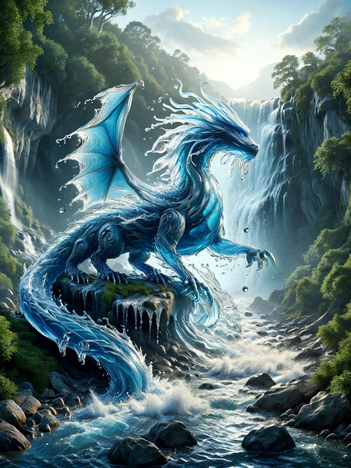 watce, A mystical scene of a dragon whose scales and breath are made of flowing water, perched atop a waterfall cliff <lora:watce-sdxl:1>, dynamic, cinematic, masterpiece, intricate, hdr.