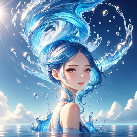 8k,RAW photo,ultra high res,best quality,masterpiece):1.2, professional lighting,(professional photo),perfect anatomy,sharp focus,(highly detaild), (lady girl of made water:1.5), SDS_Particle_Flow, luminous reflections, rtx on, subsurface scattering, dynamic hdr tone mapping, volumetric lighting, screenspace reflection, Physically-Based Rendering . vibrant, beautiful, crisp, detailed, ultra detailed, intricate<lora:watce:0.5>watce style. (water skin:1.5) beauty face