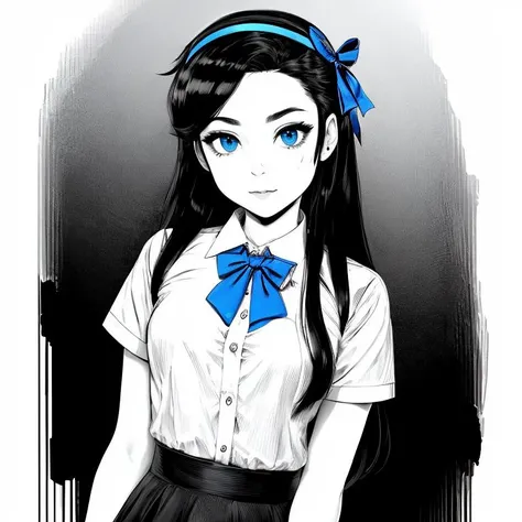 white background, greyscale ,(lineart:1.2), bowtie, black hairband, black skirt, frau, collared shirt ,(blue eyes:1.2), sketch, monochrome, blue and black , <lora:Monochrome_illustration-000018:0.5>