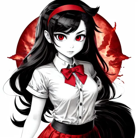 white background, greyscale ,(lineart:1.2), bowtie, black hairband, black skirt, collared shirt ,(red eyes:1.2), sketch, monochrome, red and black , <lora:Monochrome_illustration-000018:0.6>, <lora:MagmaTech-20:0.8> MagmaTech, lava,