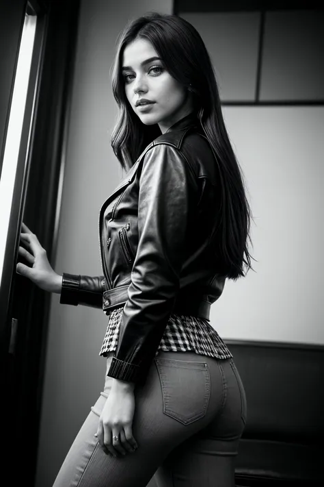 perfect cinematic shoot of a beautiful woman (EPV4l3r14C4rruy0:.99),(b&w, Monochromatic, Film Photography:1.3), perfect hair, 70s style leather jacket kiosk, a stall dedicated to stylish leather jackets in various cuts and shades, wearing rust prairie blouse with gingham checkered print, basket-weave flared pants in rust brown, ((1970s postcard:1.2)), stamp, Photorealistic, Hyperrealistic, Hyperdetailed, film noir, analog style, soft lighting, subsurface scattering, realistic, heavy shadow, masterpiece, best quality, ultra realistic, 8k, golden ratio, Intricate, High Detail, film photography, soft focus,(looking at viewer), (detailed atmosphere), 8k, highly detailed, rich environment, 4k textures, soft cinematic light, elegant, ((((cinematic look)))), soothing tones, insane details, hyperdetailed, ("Descifra el arte del juego con JernauGurgeh!":1.1), (epiCPhoto)