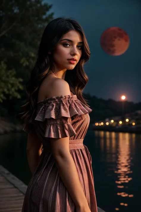 perfect cinematic shoot of a beautiful woman (EPV4l3r14C4rruy0:.99), a woman standing at a river, perfect hair, wearing sexy Crimson (Striped off-the-shoulder blouse with a smocked bodice and flared cuffs), (blood moon in background:1.2), (detailed background:1.1), (face focus), modelshoot style, (extremely detailed CG unity 8k wallpaper), professional majestic (photography by Roberto Ferri:1.1), 24mm, exposure blend, hdr, extremely intricate, High (Detail:1.1), dramatic, soft cinematic light, (looking at viewer), (detailed pupils),8k, highly detailed, rich environment, 4k textures, soft cinematic light, elegant, ((((cinematic look)))), soothing tones, insane details, hyperdetailed, ("Descifra el arte del juego con JernauGurgeh!":1.1),(epiCPhoto)