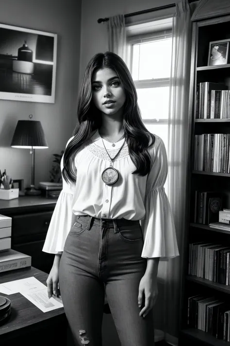 perfect cinematic shoot of a beautiful woman (EPV4l3r14C4rruy0:.99),(b&w, Monochromatic, Film Photography:1.3), perfect hair, craft room, this room is a haven for diy enthusiasts, with shelves filled with yarn, fabric, and sewing machines a corkboard displays inspirational clippings from vintage magazines, wearing bell-sleeve blouse, bell-bottom jeans, platform sandals, peace sign necklace, ((1970s postcard:1.2)), stamp, Photorealistic, Hyperrealistic, Hyperdetailed, film noir, analog style, soft lighting, subsurface scattering, realistic, heavy shadow, masterpiece, best quality, ultra realistic, 8k, golden ratio, Intricate, High Detail, film photography, soft focus,(looking at viewer), (detailed atmosphere), 8k, highly detailed, rich environment, 4k textures, soft cinematic light, elegant, ((((cinematic look)))), soothing tones, insane details, hyperdetailed, ("Descifra el arte del juego con JernauGurgeh!":1.1), (epiCPhoto)