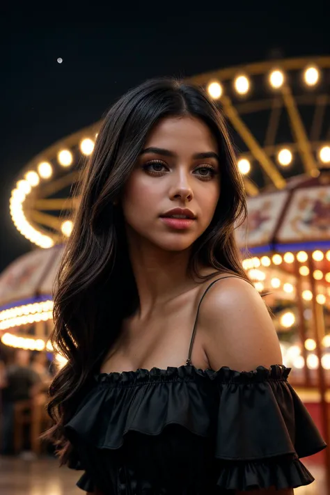 perfect cinematic shoot of a beautiful woman (EPV4l3r14C4rruy0:.99), a woman standing at a amusement park, carousel, ferris wheel, perfect hair, wearing sexy Ebony (Whimsical tiered ruffle dress with an off-the-shoulder neckline), (meteor showers in background:1.2), (detailed background:1.1), (face focus), modelshoot style, (extremely detailed CG unity 8k wallpaper), professional majestic (photography by Roberto Ferri:1.1), 24mm, exposure blend, hdr, extremely intricate, High (Detail:1.1), dramatic, soft cinematic light, (looking at viewer), (detailed pupils),8k, highly detailed, rich environment, 4k textures, soft cinematic light, elegant, ((((cinematic look)))), soothing tones, insane details, hyperdetailed, ("Descifra el arte del juego con JernauGurgeh!":1.1),(epiCPhoto)