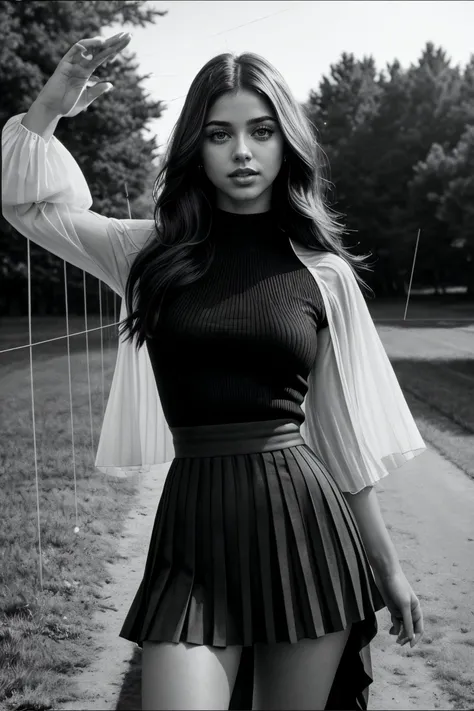 perfect cinematic shoot of a beautiful woman (EPV4l3r14C4rruy0:.99),(b&w, Monochromatic, Film Photography:1.3), perfect hair, The Archery Range: Visualize an archery range with rows of targets and archers dressed in classic '70s attire Arrows fly through the air with precision as competitors aim for the bullseye, wearing pleated mini skirt in bright colors, a-line or pleated, ((1970s postcard:1.2)), stamp, Photorealistic, Hyperrealistic, Hyperdetailed, film noir, analog style, soft lighting, subsurface scattering, realistic, heavy shadow, masterpiece, best quality, ultra realistic, 8k, golden ratio, Intricate, High Detail, film photography, soft focus,(looking at viewer), (detailed atmosphere), 8k, highly detailed, rich environment, 4k textures, soft cinematic light, elegant, ((((cinematic look)))), soothing tones, insane details, hyperdetailed, ("Descifra el arte del juego con JernauGurgeh!":1.1), (epiCPhoto)